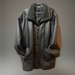 Vintage Pelle Cuir Black Leather Coat | XXL | Fleece Collar & Lining |